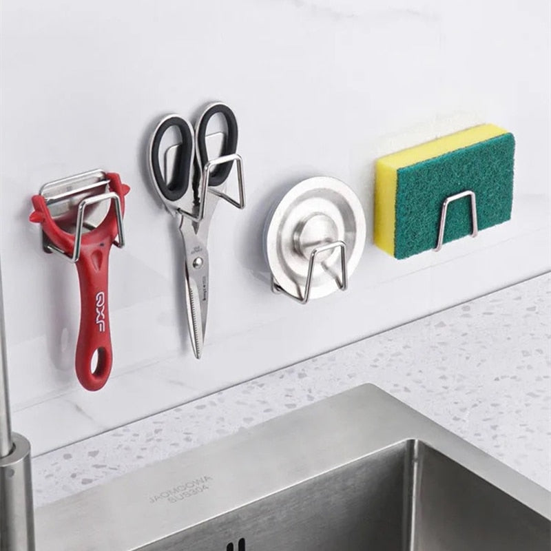 Kitchen Stainless Steel Sink Sponges Holder Self Adhesive Drain Drying Rack Kitchen Wall Hooks Accessories Storage Organizer